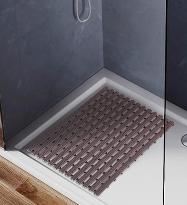 Freddy Premium Shower Anti Slip Mat for Bathroom Floor, Striped Anti Skid, Stand up mat for Bath, Kitchen, Anti Bacterial (1.5ft x 2ft) - Also Available in 5 Meter Roll (Chocolate)