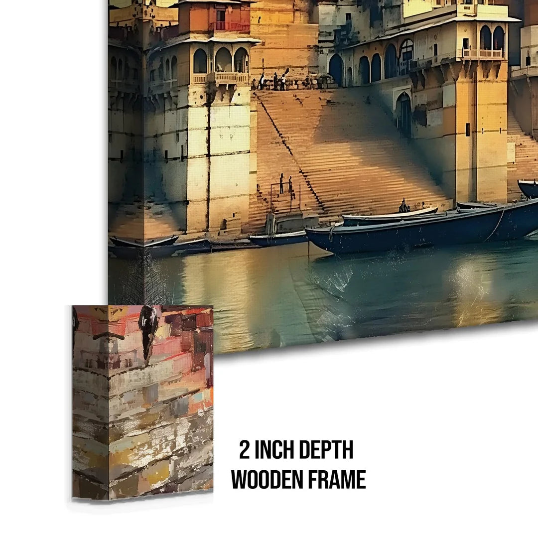 Ganga Ghat, Traditional Canvas Art, Framed Abstract Canvas Wall Art for Bedroom