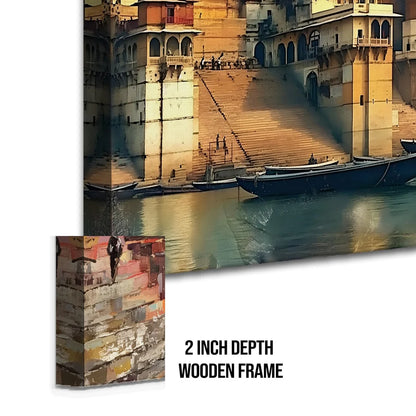 Ganga Ghat, Traditional Canvas Art, Framed Abstract Canvas Wall Art for Bedroom