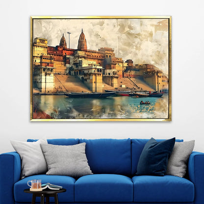 Ganga Ghat, Traditional Canvas Art, Framed Abstract Canvas Wall Art for Bedroom