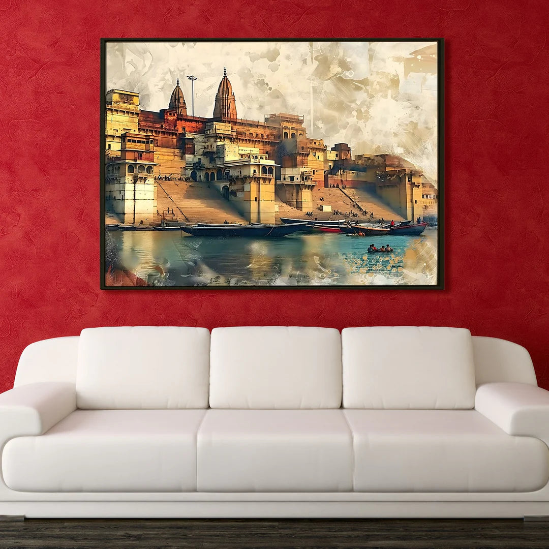 Ganga Ghat, Traditional Canvas Art, Framed Abstract Canvas Wall Art for Bedroom
