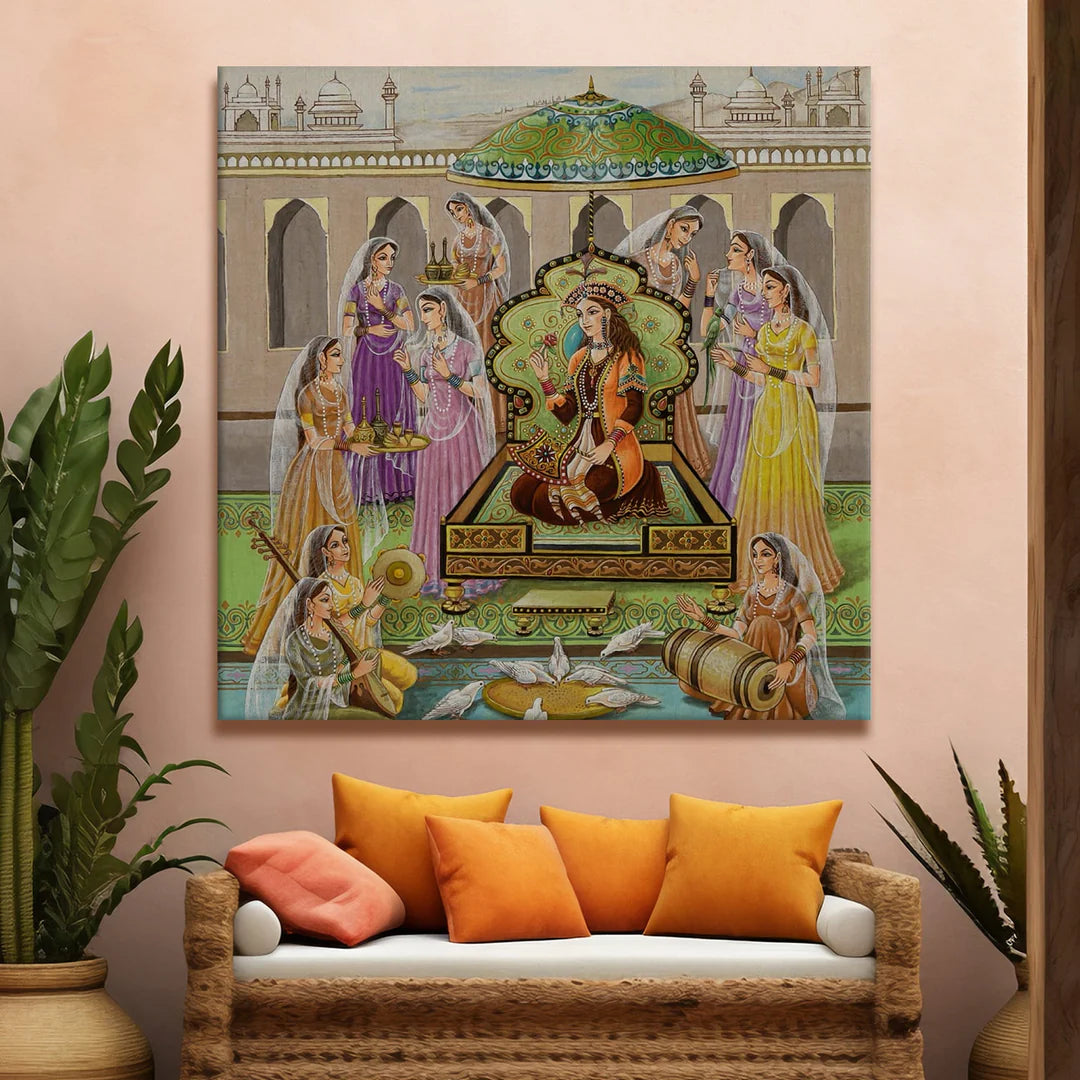 Mughal Darbar, Traditional Canvas Art, Framed Abstract Canvas Wall Art for Bedroom