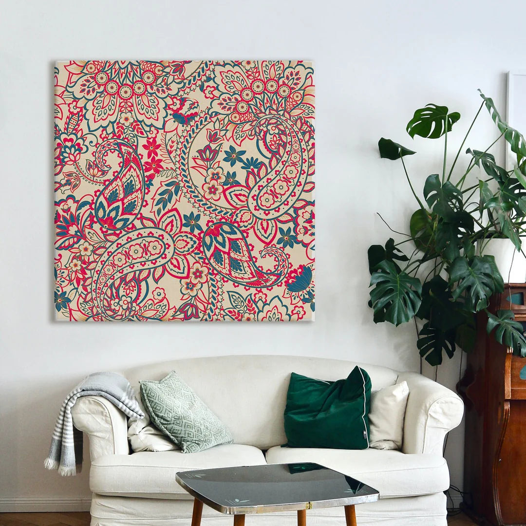 Leaves Texture, Kalamkari Art, Framed Abstract Canvas Wall Art for Bedroom