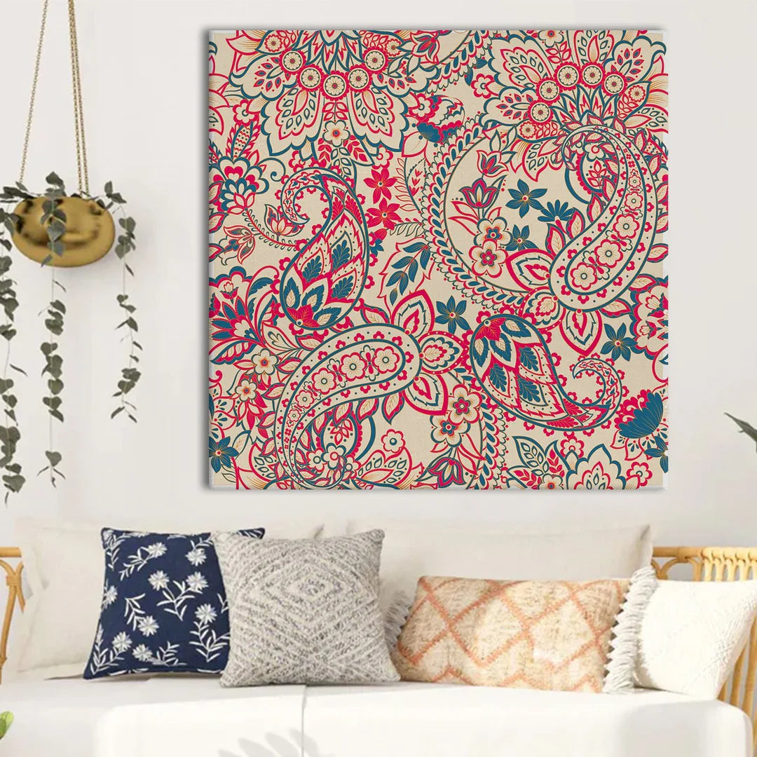 Leaves Texture, Kalamkari Art, Framed Abstract Canvas Wall Art for Bedroom