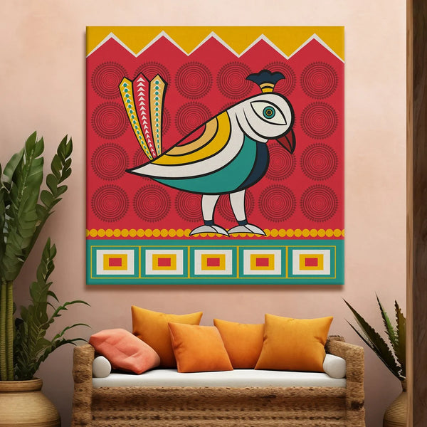 Beautiful Bird, Kalighat Art, Framed Abstract Canvas Wall Art for Bedroom