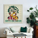 Deer and Tree, Kalighat Art, Framed Abstract Canvas Wall Art for Bedroom