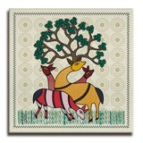 Deer and Tree, Kalighat Art, Framed Abstract Canvas Wall Art for Bedroom