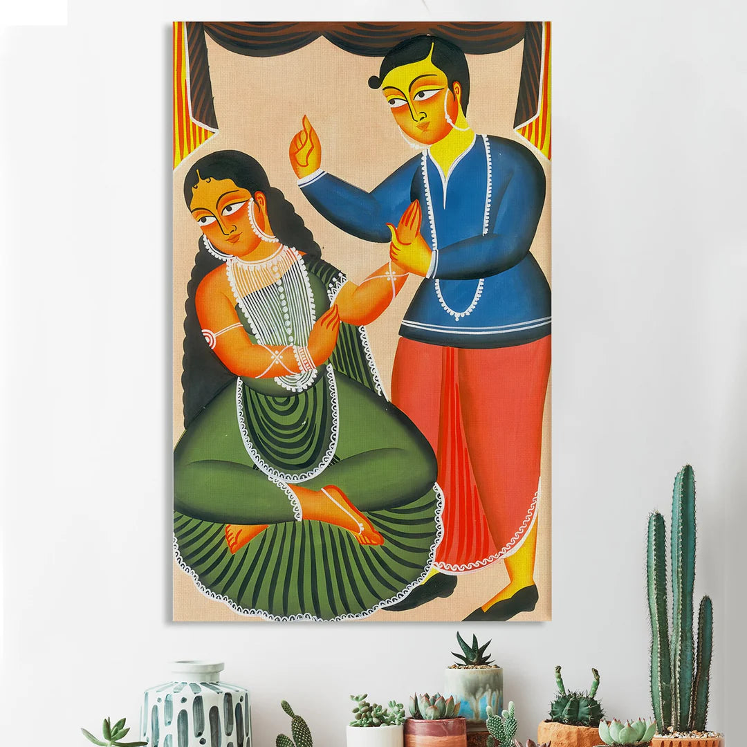 Beautiful Couple, Kalighat Art, Framed Abstract Canvas Wall Art for Bedroom