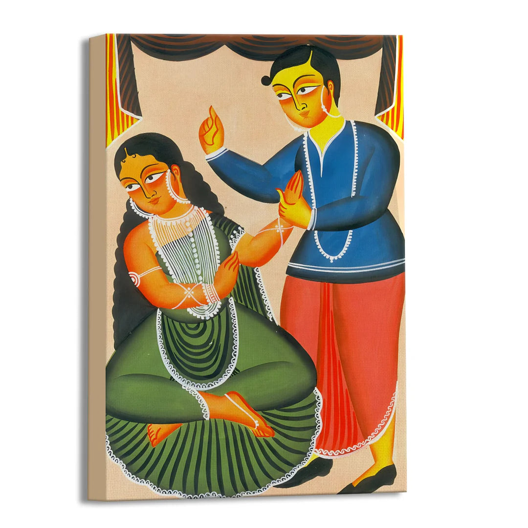 Beautiful Couple, Kalighat Art, Framed Abstract Canvas Wall Art for Bedroom