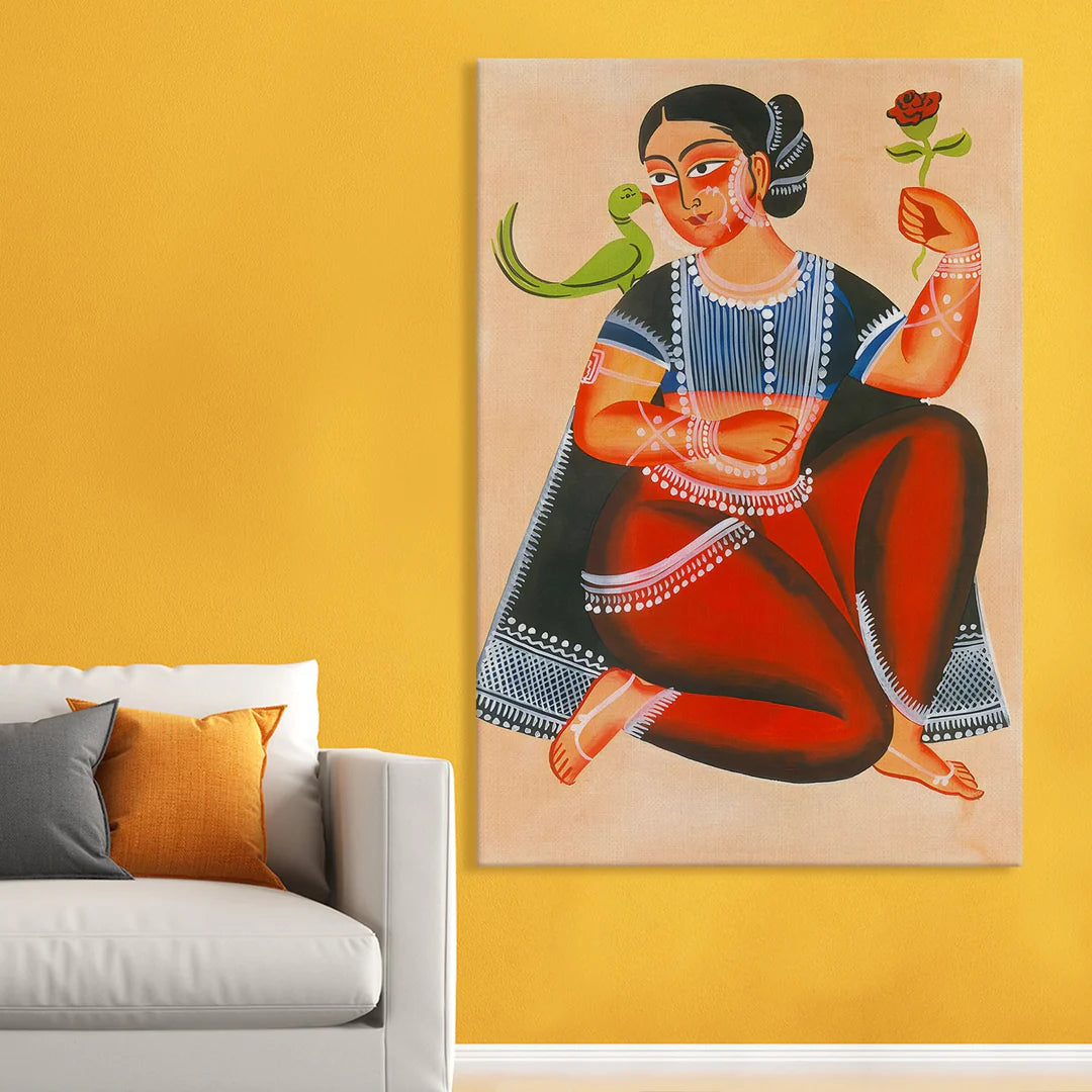 Beautiful Lady, Kalighat Art, Framed Abstract Canvas Wall Art for Bedroom