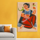 Beautiful Lady, Kalighat Art, Framed Abstract Canvas Wall Art for Bedroom