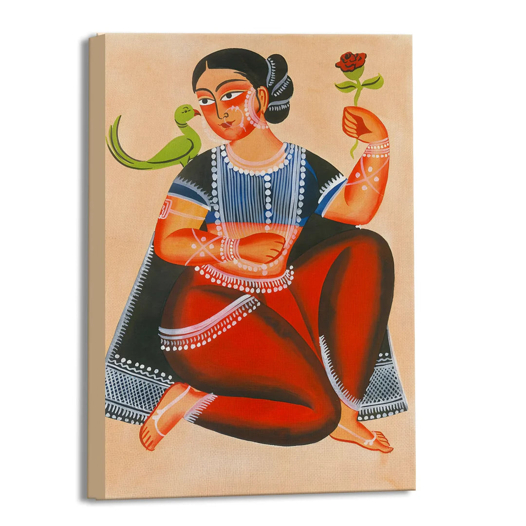 Beautiful Lady, Kalighat Art, Framed Abstract Canvas Wall Art for Bedroom