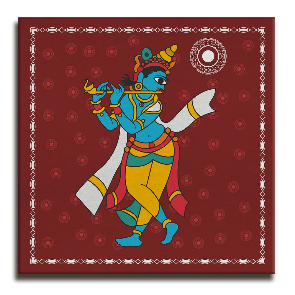 Shree Krishna, Kalighat Art, Framed Abstract Canvas Wall Art for Bedroom