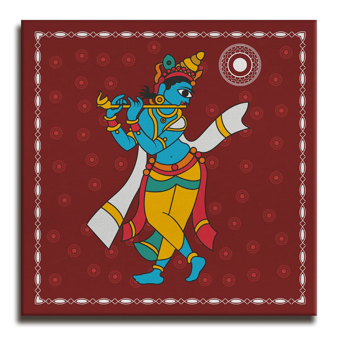 Shree Krishna, Kalighat Art, Framed Abstract Canvas Wall Art for Bedroom
