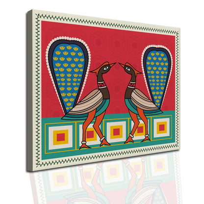 Two Peacock, Kalighat Art, Framed Abstract Canvas Wall Art for Bedroom