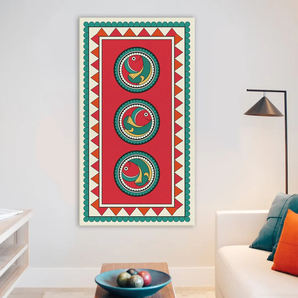 Fish Texture, Kalighat Art, Framed Abstract Canvas Wall Art for Bedroom