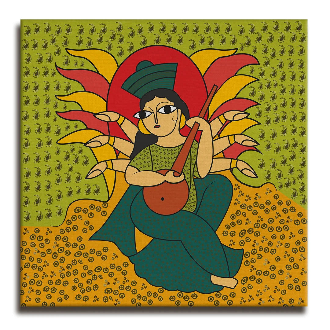 Ma Saraswati, Kalighat Art, Framed Abstract Canvas Wall Art for Bedroom