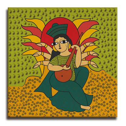Ma Saraswati, Kalighat Art, Framed Abstract Canvas Wall Art for Bedroom