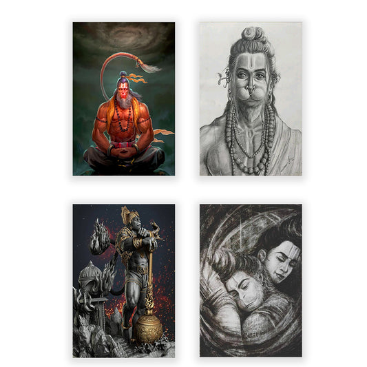 Eurotex Shree Hanuman Wall Posters, HD Posters for Rome, Pack of 4 (A3, 12 x 18 In)