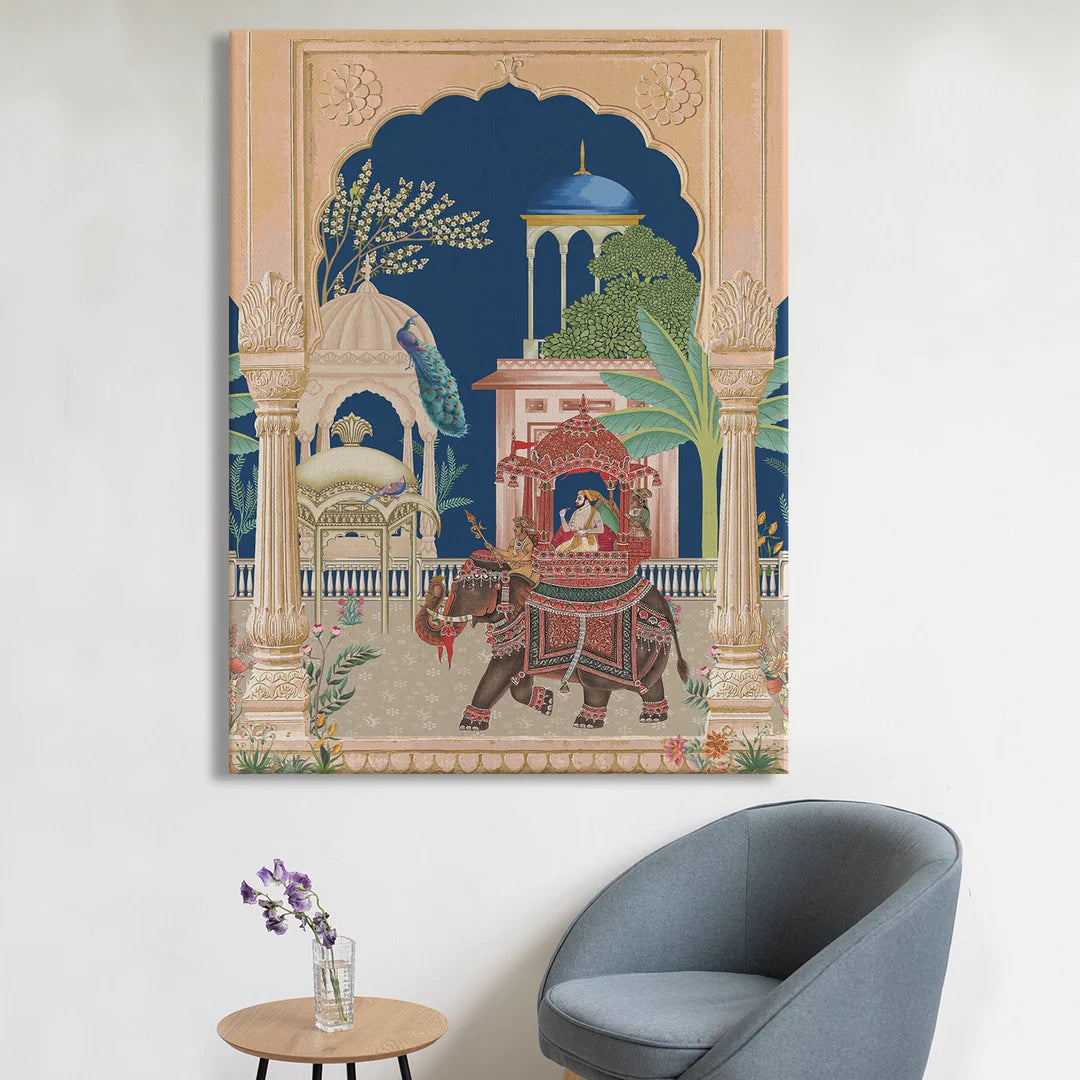 Mughal King on Elephant, Traditional Canvas Art, Framed Abstract Canvas Art