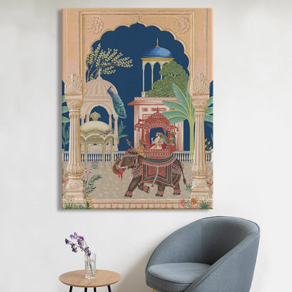 Mughal King on Elephant, Traditional Canvas Art, Framed Abstract Canvas Art