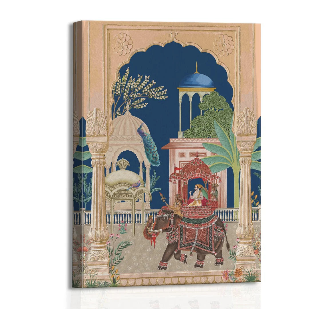 Mughal King on Elephant, Traditional Canvas Art, Framed Abstract Canvas Art
