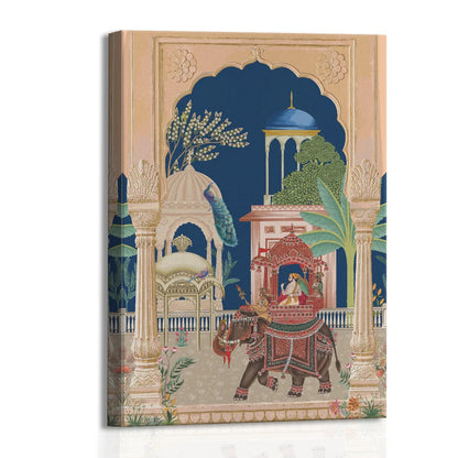 Mughal King on Elephant, Traditional Canvas Art, Framed Abstract Canvas Art