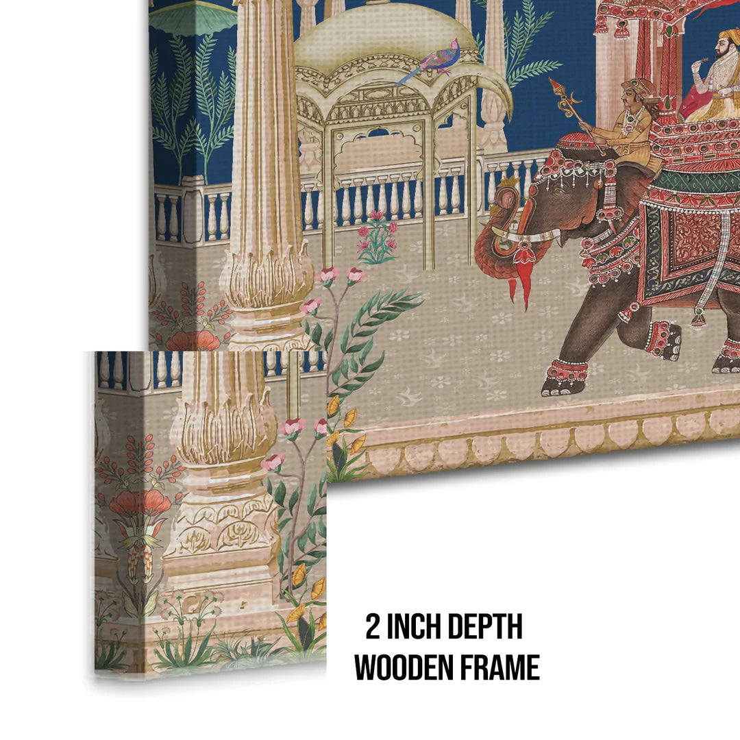 Mughal King on Elephant, Traditional Canvas Art, Framed Abstract Canvas Art