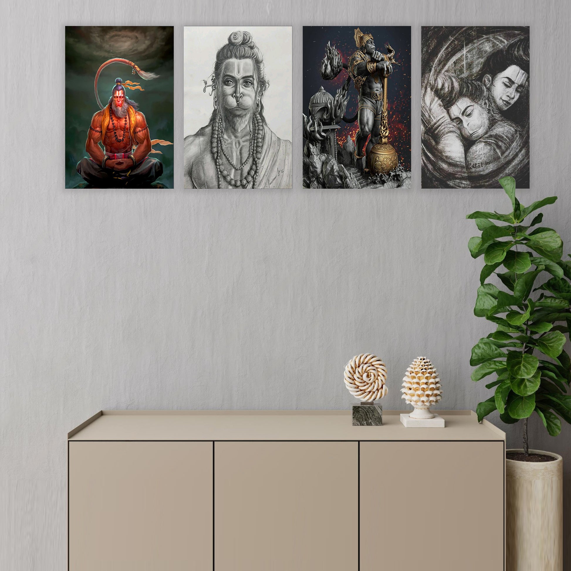 Eurotex Shree Hanuman Wall Posters, HD Posters for Rome, Pack of 4 (A3, 12 x 18 In) Eurotex