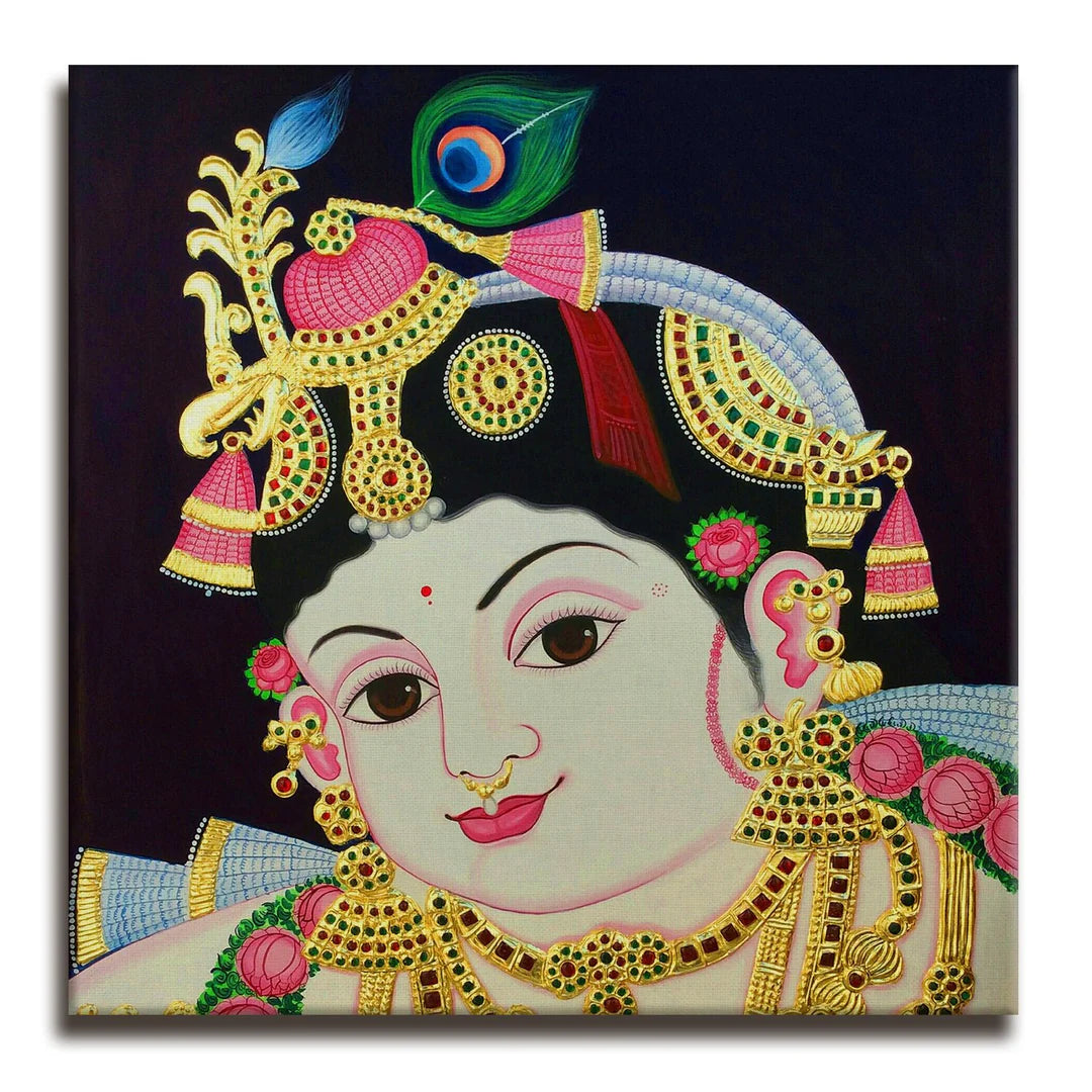 Shree Krishna, Tanjore Art, Framed Abstract Canvas Wall Art for Bedroom