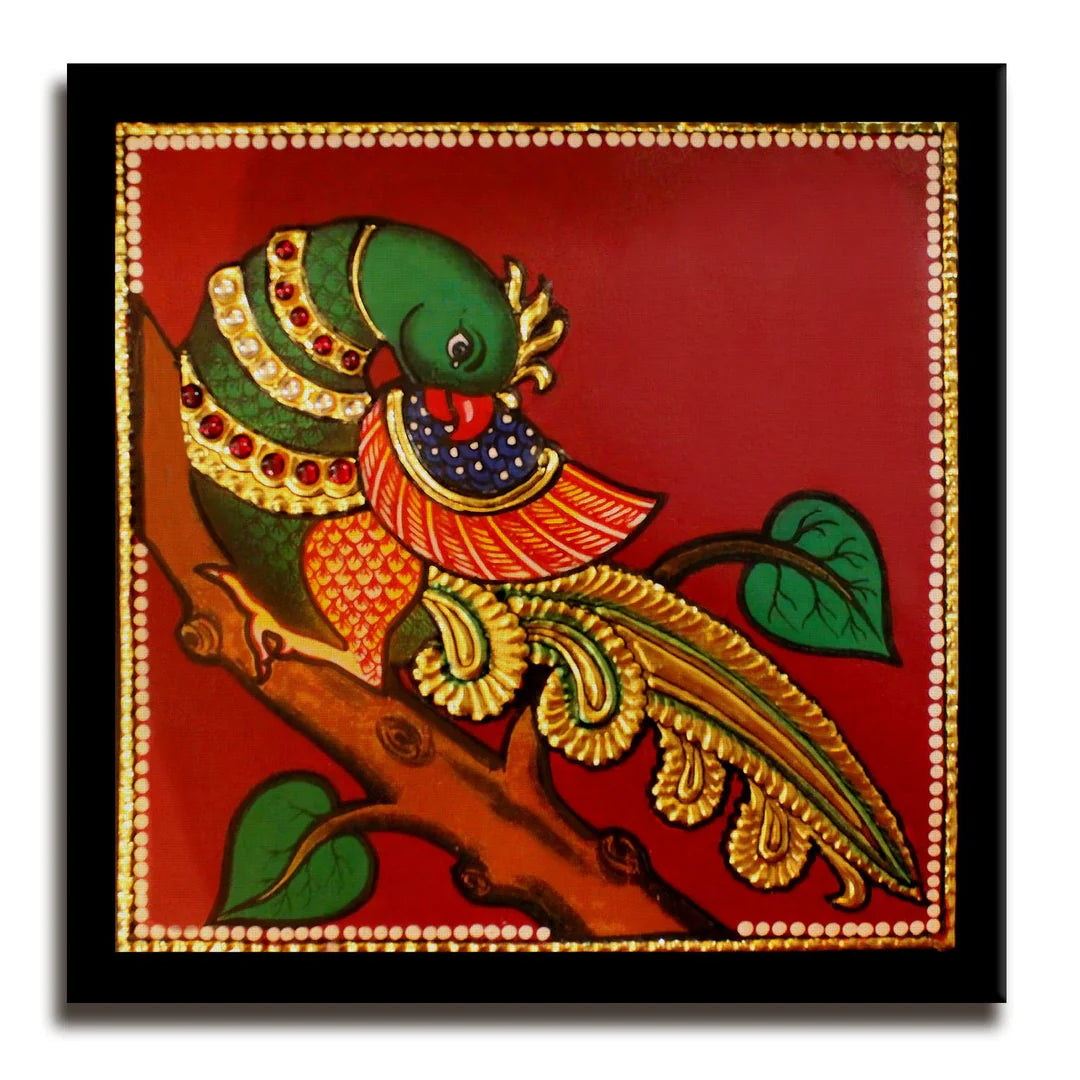 Beautiful Peacock, Tanjore Art, Framed Abstract Canvas Wall Art for Bedroom