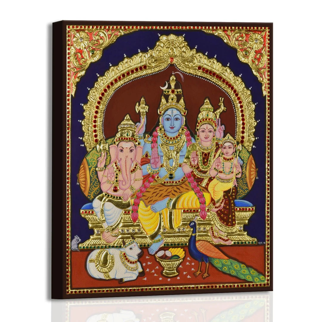 Shiva Family, Tanjore Art, Framed Abstract Canvas Wall Art for Bedroom