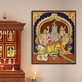 Shiva Family, Tanjore Art, Framed Abstract Canvas Wall Art for Bedroom