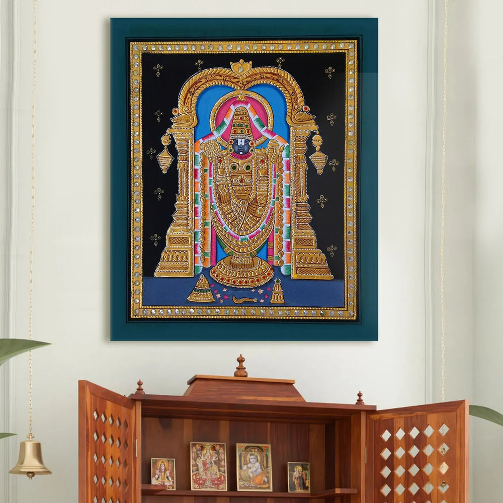 Shree Tirupati Balaji, Tanjore Art, Framed Abstract Canvas Wall Art for Bedroom