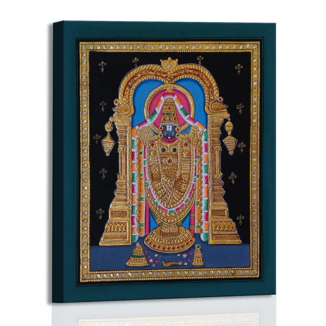 Shree Tirupati Balaji, Tanjore Art, Framed Abstract Canvas Wall Art for Bedroom
