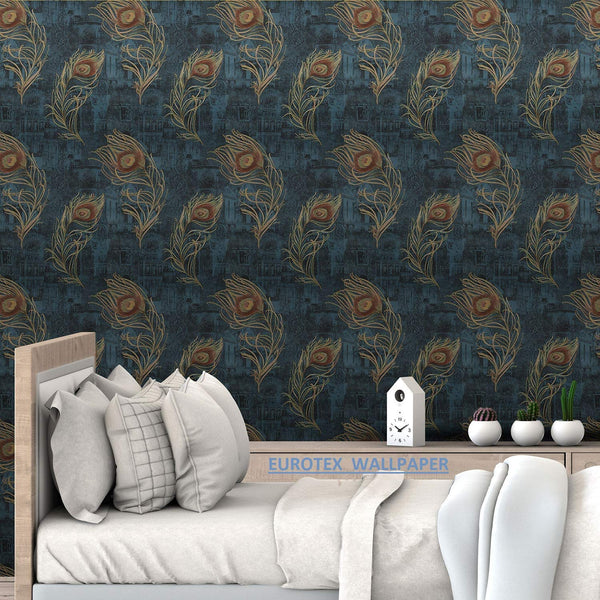 Non Adhesive Wallpaper for Walls Mor Pankh Design Wallcovering, Peacock Feather Wallpaper for Bedroom