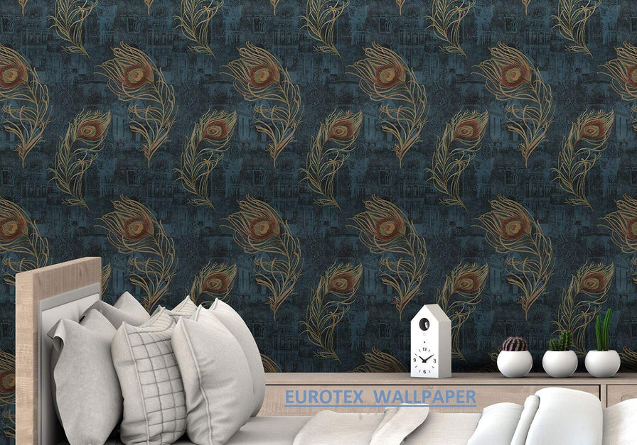 Eurotex Mor Pankh Design, Peacock Feather Wallpaper, (Luxury Vinyl Coated, 57 sq.ft Roll)