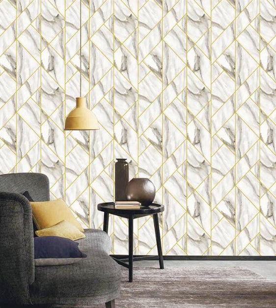 Eurotex Geometric Design, 3D Wallpaper for Living Room, White & Gold (50 sq.ft. roll)