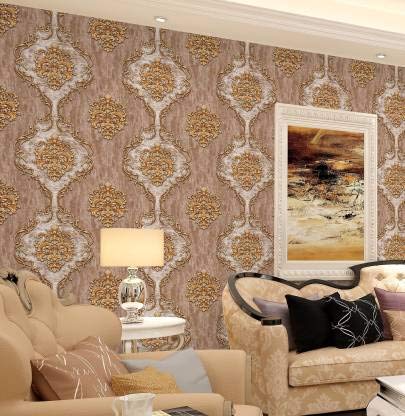 Eurotex Damask Design, Living Room Wallpaper, Almond (Luxury Vinyl Coated, 57 sq.ft Roll)